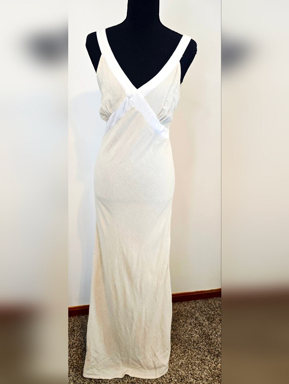 Linen Blend Maxi Dress Sleeveless Cross Back Vacation Beach Resort Size L - Picture 8 of 11